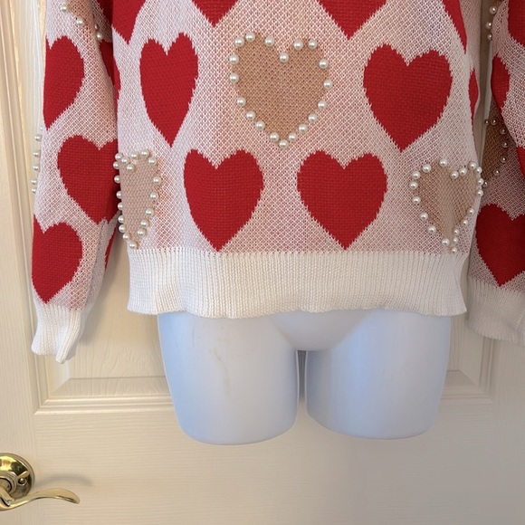 Red + Cream Pearl Heart Knit Sweater - Picture 3 of 16